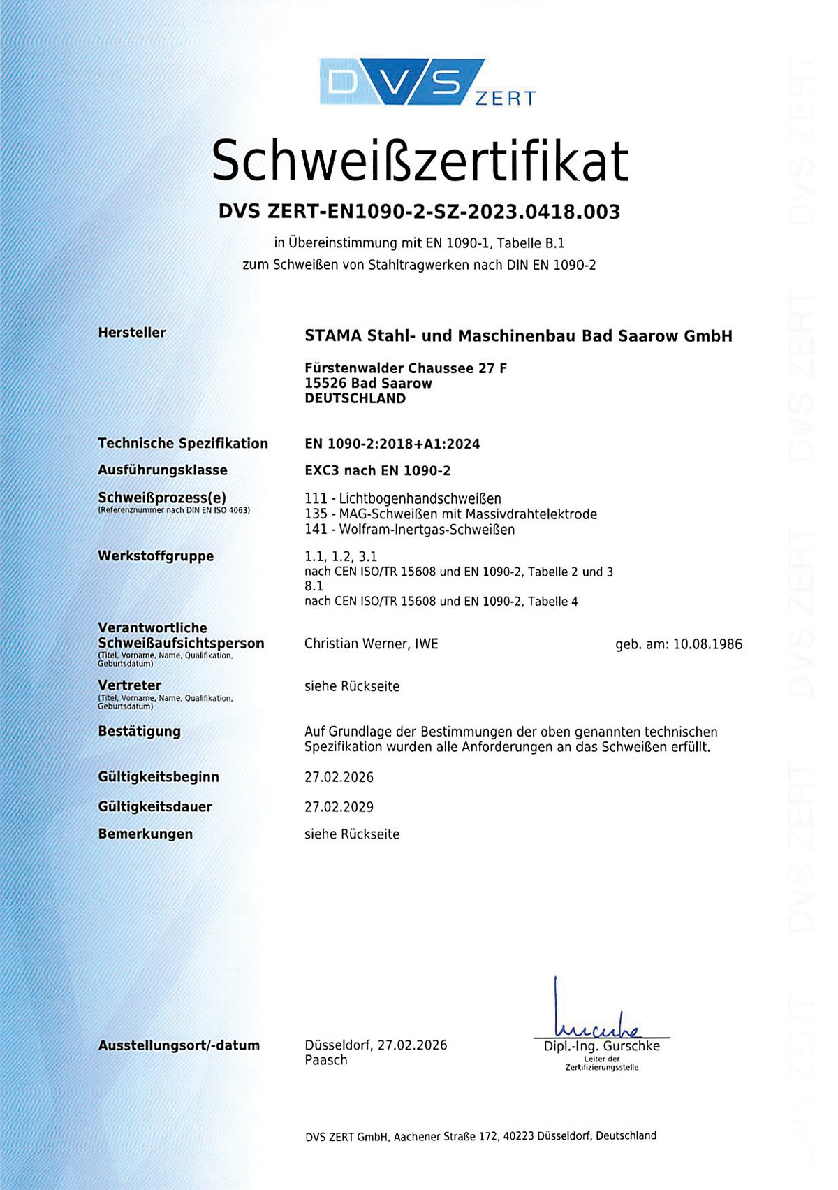 Zertifikat 2026 EN1090 EXC3 deutsch